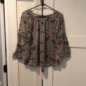 Green floral bell-sleeve blouse